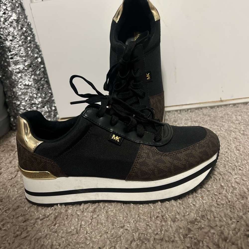 Michael Kors Black and Brown Sneakers with Gold Accents